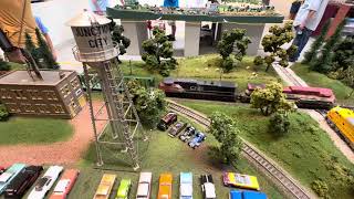 Empty Centerbeam Train Passes Junction City Car Show scene at Iola Car Show 2024 [upl. by Prader]