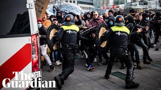 Antilockdown rioters clash with Dutch police in two cities in the Netherlands [upl. by Trotter]