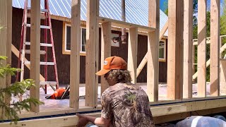 Simple Mortgage Free Cabin Addition Roof Rafters Metal Cutting Window Openings [upl. by Htyderem]