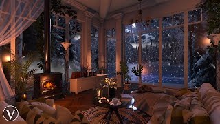 Winter Lake House  Night Ambience  Log Burner Fireplace Snowstorm amp Blizzard Sounds [upl. by Aohsoj]