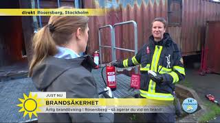 Så släcker du en brand med brandfilt och brandsläckare  Nyhetsmorgon TV4 [upl. by Ailekat]