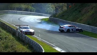 VLN Nordschleife Crash Mercedes Benz SLS AMG GT3  Aston Martin Vantage 9 VLN Lauf Nürburgring 2014 [upl. by Raymonds]