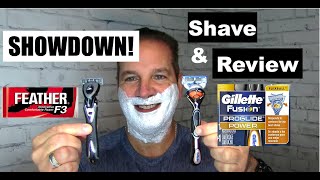 SHOWDOWN Gillette Fusion Proglide vs Feather F3 Razor [upl. by Lezned141]