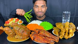 Spicy mutton nalli curry full chicken curry and fish fry with rice eating show indian food eating [upl. by Islek]