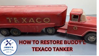 HOW TO RESTORE A VINTAGE BUDDY L TEXACO TANKER  ASMR  SAND BLASTED  POWDER COATED [upl. by Aliek]