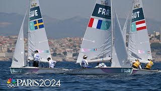 Austrian duo of Lara Vadlau Lukas Maehr lead mixed dinghy leaderboard after Race 8  Paris Olympics [upl. by Aneerak]