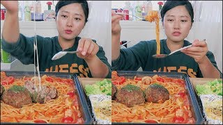 Cheesy Meatball Spaghetti Mukbang ft Ground Beef [upl. by Neelyaj144]