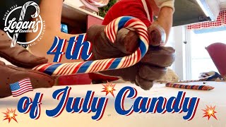 MAKING 4th of July Red White amp Blue Candy Canes 🇺🇸💥  Logans Candies ❤️🍭💙 [upl. by Nareht]