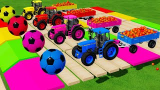 CLAAS vs LAMBORGHINI vs DEUTZ FAHR vs FENDT TRACTORS BATTLE WITH ORANGES  Farming Simulator 22 [upl. by Ona]