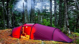 Hot Tent Camping In Rain Solo Adventure [upl. by Akcemat]