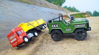 New Tata Dumper Truck Accident Big Canal River Pulling Out Jeep Rubicon 4x4 Car  Jcb Cartoon Video [upl. by Sualokcin]