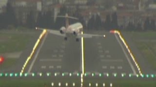 Wind whips jetliner across runway [upl. by Llednor]