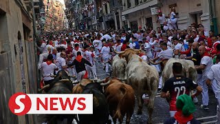 Running of the bulls takes place at Spanish festival [upl. by Adams146]