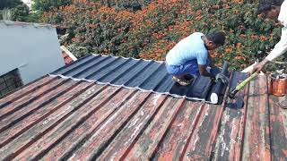 Bituminous sheets laying in terrace for water proofing [upl. by Thorin330]