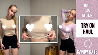 4K  Try on haul  TIGHT TOPS  Close up look with Candy Kate [upl. by Aniloj]