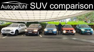 SUV comparison VW TCross vs TRoc vs Tiguan Allspace vs Touareg vs Atlas  Volkswagen SUV REVIEW [upl. by Ahsinelg]