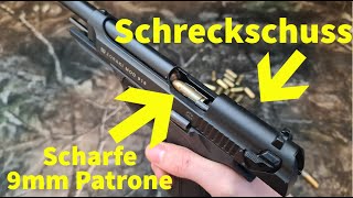 Scharfe 9mm Patrone in 9mm Schreckschuss Pistole laden und schießen ist das möglich [upl. by Veronique889]