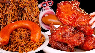 Kielbasa Sausage Black Bean Noodles and Spicy Chicken 치킨 킬바사 짜파게티 먹방  REALMOUTHs ASMR MUKBANG [upl. by Cioffred]