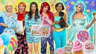 DISNEY PRINCESS PAJAMA PARTY Candyland Frozen Elsa and Anna Belle Ariel Jasmine and Maleficent [upl. by Pages]