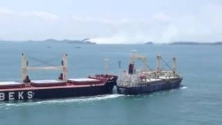 Bulk Carrier and Cargo Ship Collide in the Straits of Singapore [upl. by Ewald806]