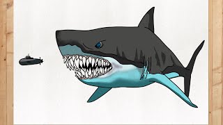 How to draw a Megalodon Shark attacking a Submarine step by step [upl. by Hpesoy719]