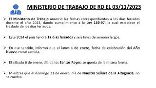 MINISTERIO DE TRABAJO DE RD ANUNCIA DIA FERIADO DEL 2024 [upl. by Aicener]