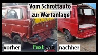 VOM SCHROTTAUTO ZUR WERTANLAGE UNFALLauto Oldtimer VW T3 restaurieren reparieren [upl. by Eirac71]