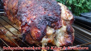 232 Schweinenacken bzw Halsgrat als Rollbraten mit Käse amp Kräutern gefüllt vom Holzkohlegrill [upl. by Krilov670]