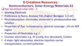 Dye sensitized solar cell 3 properties dye limit Solar Energy Materials 24 D Creations Resources [upl. by Laryssa]