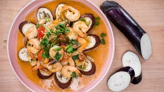 EGGPLANT CHALLENGE Roasted Eggplant w Garlic Shrimp Recipe [upl. by Kliber]