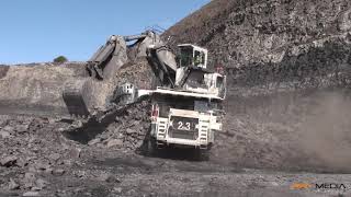 Two huge Liebherr R9350 excavators loading overburden at Brokencross OCCS [upl. by Ralyt]