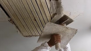 How to Do Traditional Plastering on a Wooden Lath Ceiling Tutorial [upl. by Oirram367]