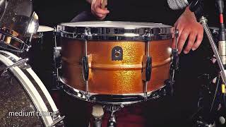 14quot x 65quot Brass Patina Snare Drum low  mid  high tuning [upl. by Bracci]