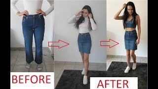 DIY DENIM SKIRT TUTORIAL  JEANS TO SKIRT REFASHION [upl. by Pillihp]