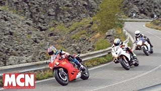 Ducati Panigale 899 fights Suzuki and Triumph  Group Test  Motorcyclenewscom [upl. by Egres397]