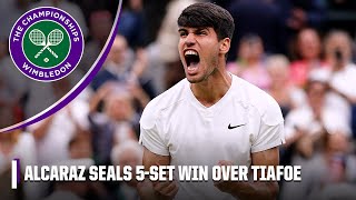 Carlos Alcaraz seals 5set win over Tiafoe with beautiful drop shot  Wimbledon on ESPN [upl. by Wallinga]