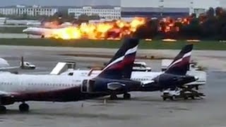 Burning plane makes emergency landing at Moscow airport [upl. by Ezeerb]