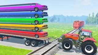 Five Limousine Long Cars Flatbed Trailer Tractor Truck Car Rescue  Cars vs Train and Rails  BeamNG [upl. by Irrak]