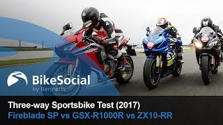 2017 Sportsbike Test Honda Fireblade SP vs Suzuki GSXR1000R vs Kawasaki ZX10RR on Road and Track [upl. by Odrareg626]