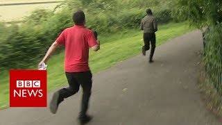 Post fraud gang member flees in confrontation with BBC reporter  BBC News [upl. by Roath]