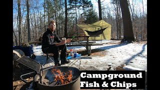 Hammocking Solo at the Campground  Campfire Fish amp Chips and Late Rain [upl. by Amiel]