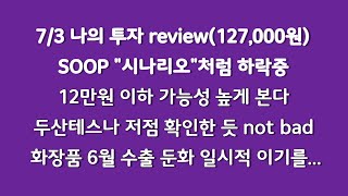 SOOP 잘 내려오고 있다 잘 판 것 같다 12만원 이하로 갈수 있다고 생각한다  두산테스나 저점은 어느정도 확인한 듯 상승동력은  화장품 6월 수출둔화가 일시적이길 [upl. by Akienahs]