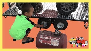 Playing With Gooseneck Trailer And Powered Ride On Jeep Wrangler Putting Air In His Flat Tires [upl. by Ashraf]