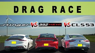 Kia Stinger GT vs Dodge Charger 392 vs Mercedes CLS53 AMG things get dirty Drag and Roll Race [upl. by Adnarrim]