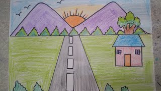 How to draw mountain sceneryEasy method for kidsStep by step drawing [upl. by Negrom]