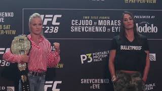 UFC 238 Media Day Valentina Shevchenko vs Jessica Eye Face Off [upl. by Llebyram]