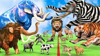 5 Giant Mammoth Elephant Cow vs 5 Giant Lion Tiger vs Hybrid Elephant Zebra Saved By Woolly Mammoth [upl. by Odlareg545]