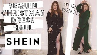 SHEIN SEQUIN SPARKLY DRESS HAUL  CHRISTMAS DRESSES  FESTIVE PARTY DRESS TRY ON [upl. by Gnud102]