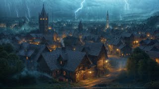 Medieval City Night Ambience  Relaxing Heavy Rain amp Thunderstorm Sounds Blacksmiths White Noise [upl. by Gypsy]