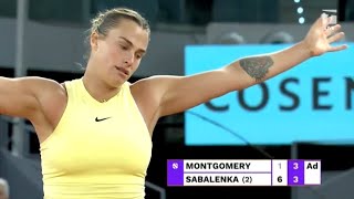 SABALENKAS CRAZY RETURN MAKES EVERYONE LAUGH MADRID OPEN ROUND 3 VS MONTGOMERY APRIL 28 2024 [upl. by Acinonrev]